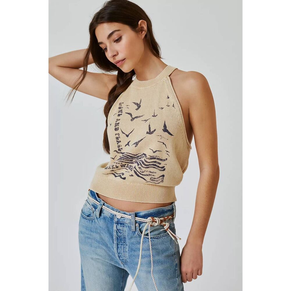 Pilcro Anthropologie Making Waves Tank Beige Navy Preppy Femme Contemporary